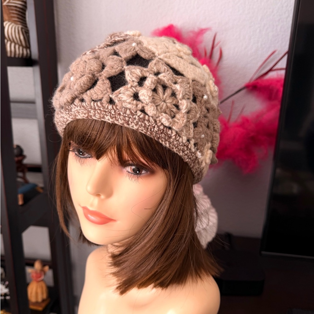 Elegant Beige Wool Crochet Beanie
